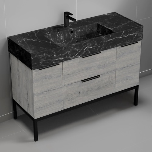 Nameeks DERIN972 48 Inch Black Marble Style Sink Free Standing Single Bathroom Vanity, Counter Space, 2 Doors, 2 Drawers, Grey Oak